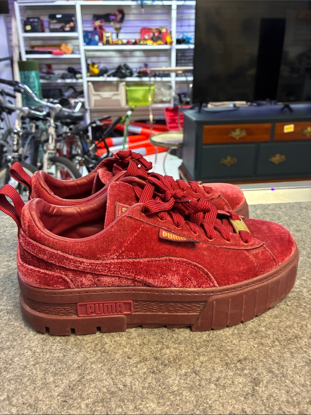 Puma Velvet Platform Sneakers in Burgundy with Gold Accents - Picture 4 of 5